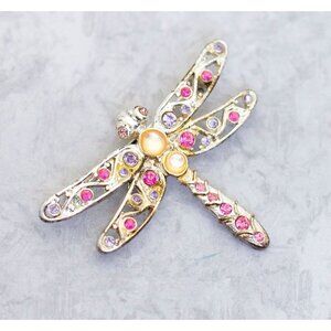 Vintage Dragonfly Insect Pink Rhinestone Silver Brooch - CM1